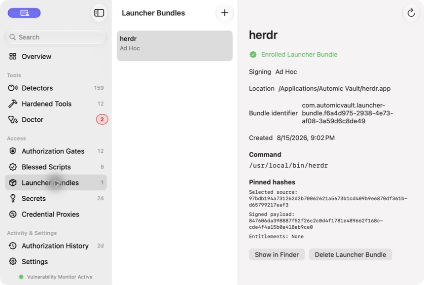 An enrolled Launcher Bundle in Automic Vault